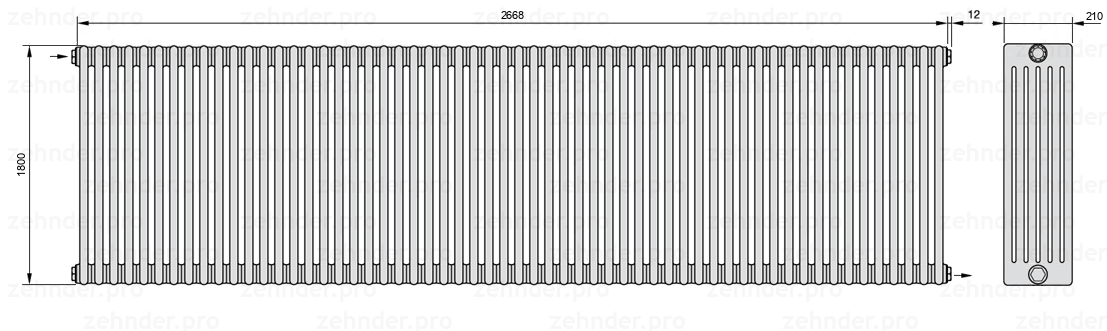 Схема (чертеж) Радиатор Zehnder Charleston 6180/58 №1670 Белый глянцевый RAL 9016